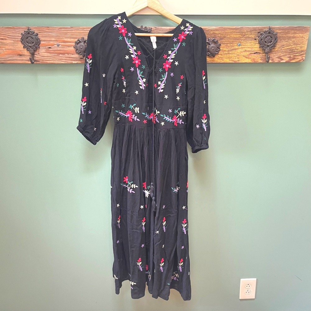 Raga Black Embroidered Floral Boho Midi Dress V-Neck Tassel Tie‎ Small